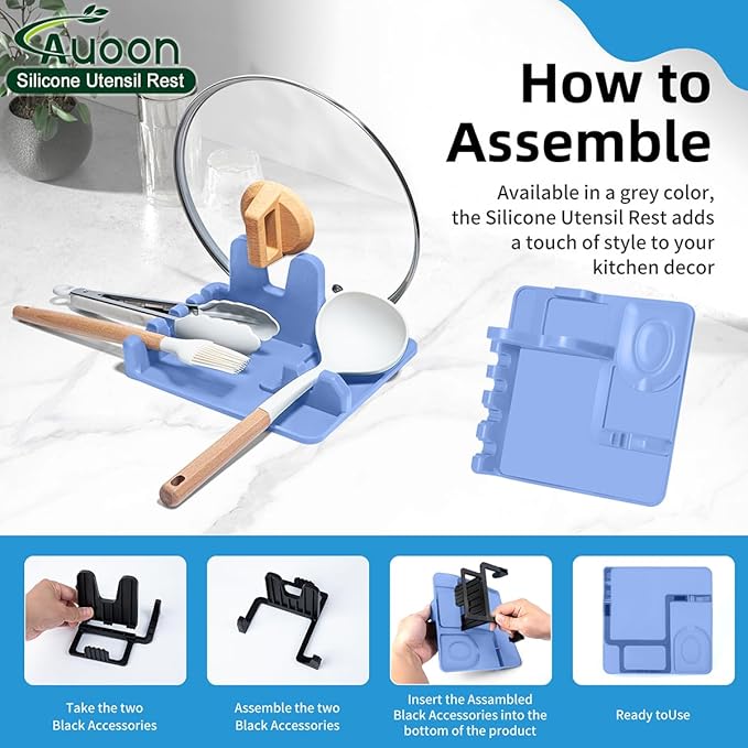 AUOON Spoon Holder for Stove - Silicone Spoon and Lid Rest with Drip Pad Kitchen Utensil Rest for Spoons, Ladles, Spatulas, Tongs & More (Blue Velvet, Large)