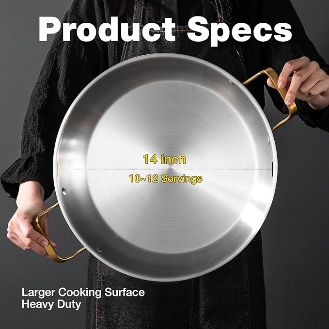 14 Inch Stainless Steel Paella Pan with Lid,Frying Pan, Tri-Ply Even Heating, Induction Ready & Dishwasher Safe – Great for Camping, Parties, Family Gatherings