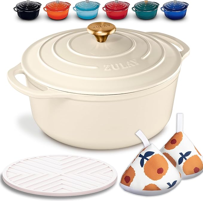 Zulay Kitchen 5 Quart Enameled Cast Iron Dutch Oven with Lid,Silicone Trivet & Heat Pad – Premium Durability & Oven Safe up to 500°F – Heavy Duty Cookware Perfect for Bread Baking, Stews, Braising & Roasting – Ivory