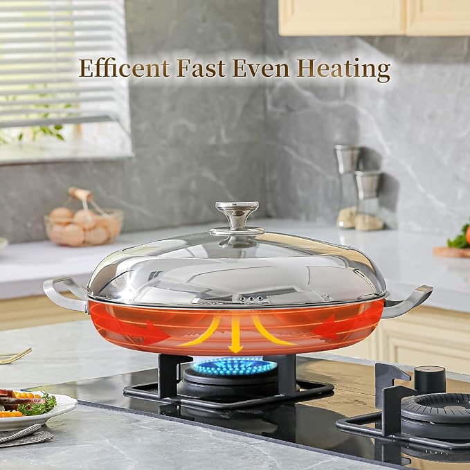 DELARLO Paella Pan With Lid 14 Inch Tri-Ply Large Stainless Steel Nonstick Frying Pan,Induction Skillets,Fast Heating Cookware,Indoors Outdoors,paelleras para 12 personas Jumbo Cooker