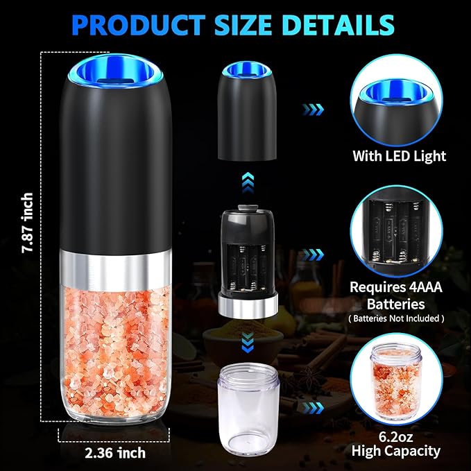 Gravity Electric Pepper and Salt Grinder,BoAn Automatic Battery Salt and Pepper Grinder Set,One-Hand Ceramic Larger Chamber Spice Mill,Adjustable Coarseness with LED Light for Kitchen New Home Gifts