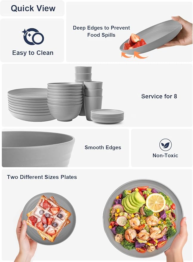 Homienly 32-Piece Kitchen Wheat Straw Dinnerware Set, Service for 8, Dinner Plates, Small Dessert Plate, Cereal Bowls, Cups, Unbreakable Outdoor Camping Dishes, Microwave and Dishwasher Safe-Grey