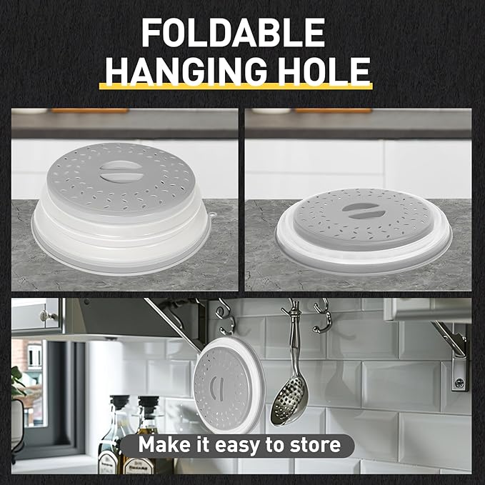 Collapsible Microwave Splatter Cover, Vented Microwave Lid with Hook Hole, Splatter Guard for Plate Dish Bowl, Vegetable Fruit Colander Multi-function Kitchen Gadget, BPA-Free (Grey)