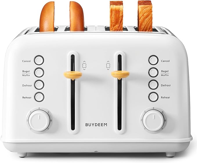 BUYDEEM DT640 4-Slice Toaster, Extra Wide Slots, Stainless Steel with High Lift Lever, Bagel and Muffin Function, Removal Crumb Tray, 7-Shade Settings, Arctic White