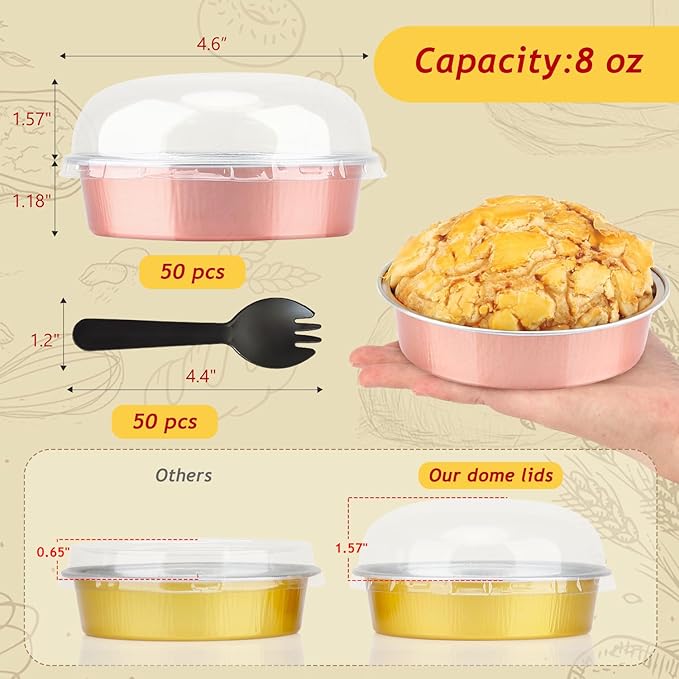 LNYZQUS 8oz Mini Cake Pans with Lids 50 Pack, 4” Disposable Small Pie Pans Aluminum Foil Baking Tins Ramekins,Small Baking Pans Muffin Containers Holders for Wedding Party-Champagne
