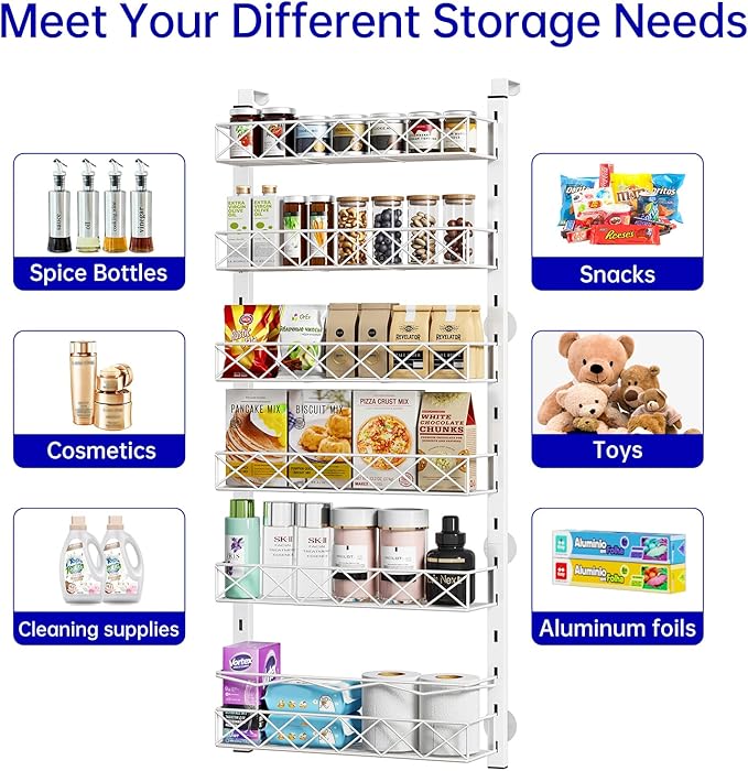 MIAOLI Over the Door Organizer, White 6-Tier Pantry Door Organizer with Adjustable Basket, Hanging Spice Rack Cabinet Door Shelves, Laundry Room Organization and Storage