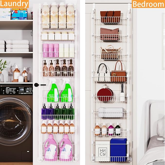8-Tier Over The Door Pantry Organizers, Pantry Door Organizer and Storage with Adjustable Baskets,Heavy-Duty Metal Spice Rack,essential kitchen and home Shelves (white)