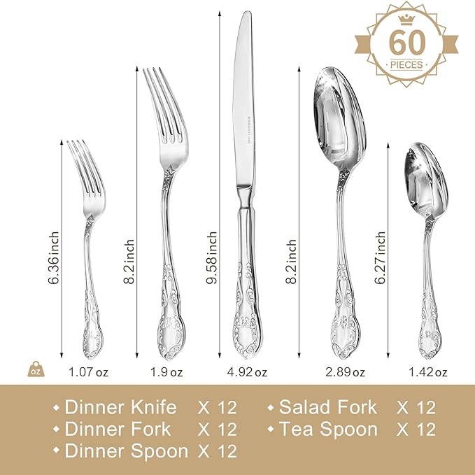KINGSTONE Vintage Silverware Set, 60-Piece 18/10 Stainless Steel Silverware Set for 12 with Floral Handles, Design Mirror Polished, Utensil Sets for Home Restaurant Wedding,Dishwasher Safe