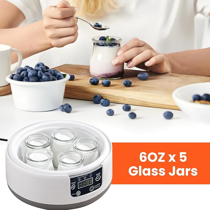 Yogurt Maker with Adjustable Time Control,Automatic Digital Yoghurt Maker Machine with 5 glass Jars&1.2L Stainless Steel Inner Pot for Home Organic Yogurt,Natto and Rice Wine