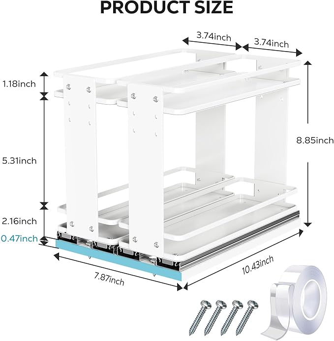 Nieifi Pull Out Spice Rack Organizer, 2 Tiers, White, Spice Organization for Cabinet, Height Adjustable, Easy to Install