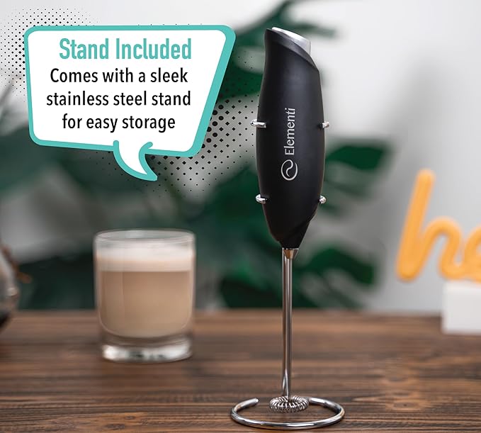 Elementi Milk Frother Wand - Coffee Frother Handheld - Drink Mixer - Coffee Mixer Wand - Cold Foam Maker - Electric Stirrer for Drinks (Silver)
