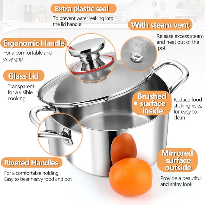 P&P CHEF 4 Quart Tri-Ply Stainless Steel Stock Pot, 4 Qt Stockpot Pasta Cooking Pot with Visible Lid for Soup Vegetable, Induction Cookware for All Stoves, Sturdy & Double Handle, Dishwasher Safe