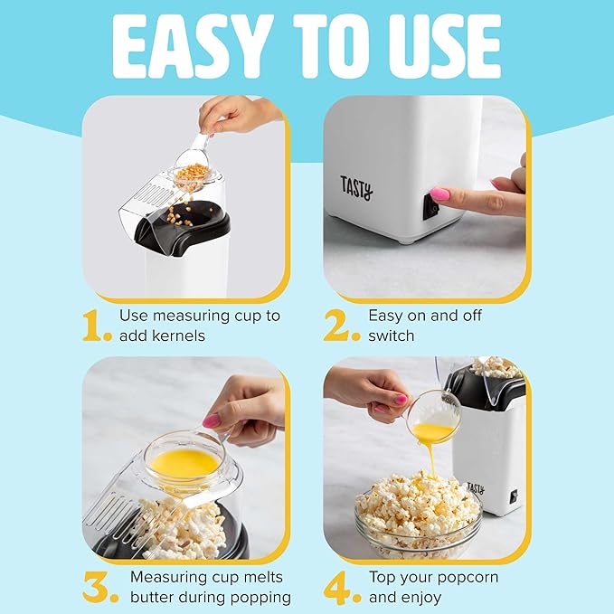 Tasty Hot Air Popcorn Popper, Healthy and Delicious Popcorn in Minutes, Fast and Easy-to-Use, Built-In Measuring Cup and Butter Warmer, 8 Cups, White