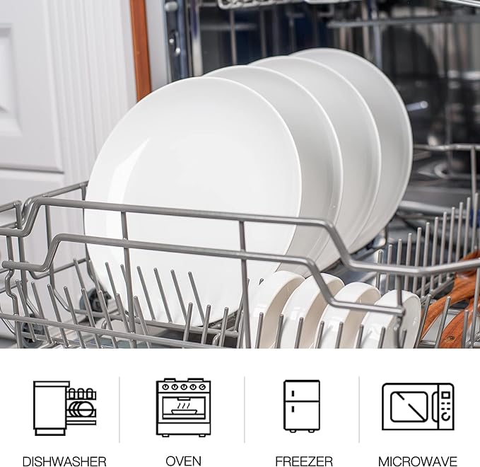 DELLING 10 inch White Dinner Plates Set, Porcelain Dessert/Salad Plate, Serving Dishes, Dinnerware Sets, Scratch Resistant, Microwave, Oven, and Dishwasher Safe - Set of 4