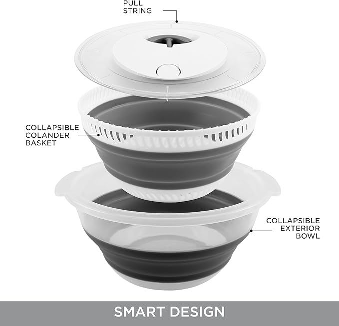 COOK WITH COLOR Collapsible Salad Spinner - 4 QT Space Saving Lettuce Dryer with Folding Collapsible Colander Great for Washing and Drying Fruit and Vegetables (Grey)