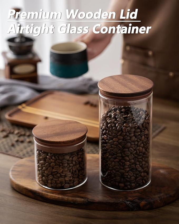 500ml Glass Coffee Canister with Wooden Lids and Scoop, Kitchen Coffee Container Set of 2 Hold Up to Total 12 oz of Coffee Bean, Airtight Food Storge Jars for Ground Coffee Bar Cereal Snack