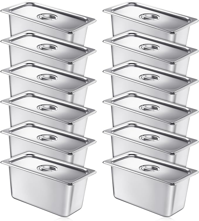 Mifoci 12 Pack Stainless Steam Hotel Pan with Lid, 1/3 Size x 6 Inch Deep Restaurant Supplies Reusable Anti Rust Steam Water Pan for Home, Party, Restaurant, Hotel, Buffet