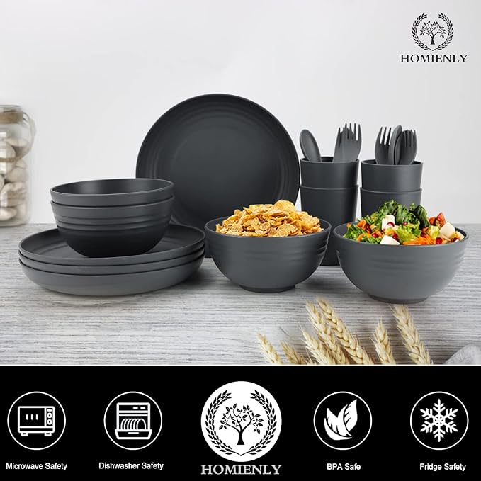 Wheat Straw Dinnerware Sets, Homienly 20pcs Unbreakable Microwave Dishwasher Safe Tableware Lightweight Bowls, Cups, Plates Set Reusable Dinner Plates Bowls set (Dark Grey)