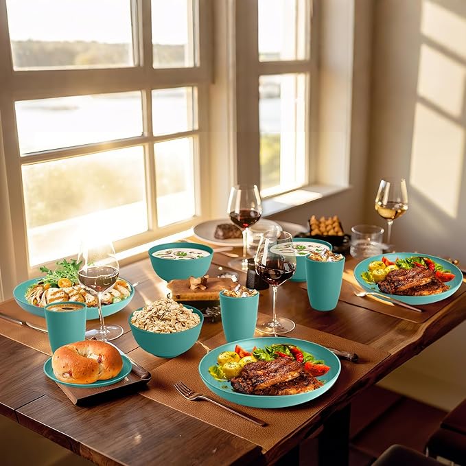 Homienly Wheat Straw Dinnerware Sets, Plates and Bowls Sets, 32-Piece Dish Set for 8, Service for 8, Unbreakable LIghtweight Dinnerware Set for Camping, Outdoor, RV, Microwave & Dishwasher Safe- Green