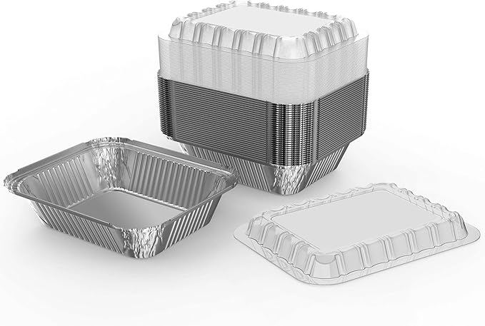 WANBAO 100 PACK 8.3"x6.2" Disposable Tin Foil Pans with Plastic Lids 2.25LB Aluminum Foil Food Containers for Cooking, Baking, Catering Party Meal Prep, Take Out, Freeze, Food Storage