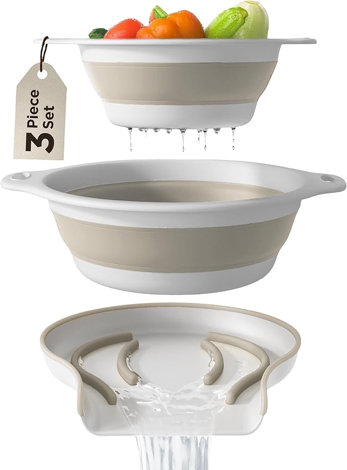 Collapsible Colanders (2 Pack Set) Food Strainers with Over-Sink Water Draining Base for Pasta Fruits and Vegetables (4 and 5 Quart) - White Beige