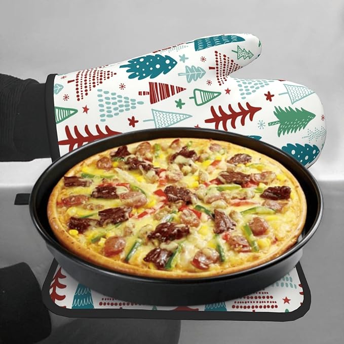 Pine Tree Oven Mitts and Pot Holder Set of 2 Winter Xmas Washable Kitchen Heat Resistant Gloves for Microwave BBQ Cooking Baking Grilling
