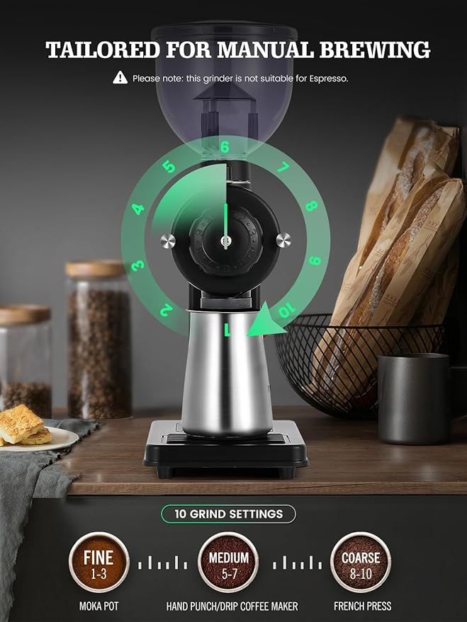 Huanyu Electric Coffee Grinder Stainless Steel Ghost Teeth Burr Coffee Grinders for Home Use with Light-Shielding Hopper for Pour over Black