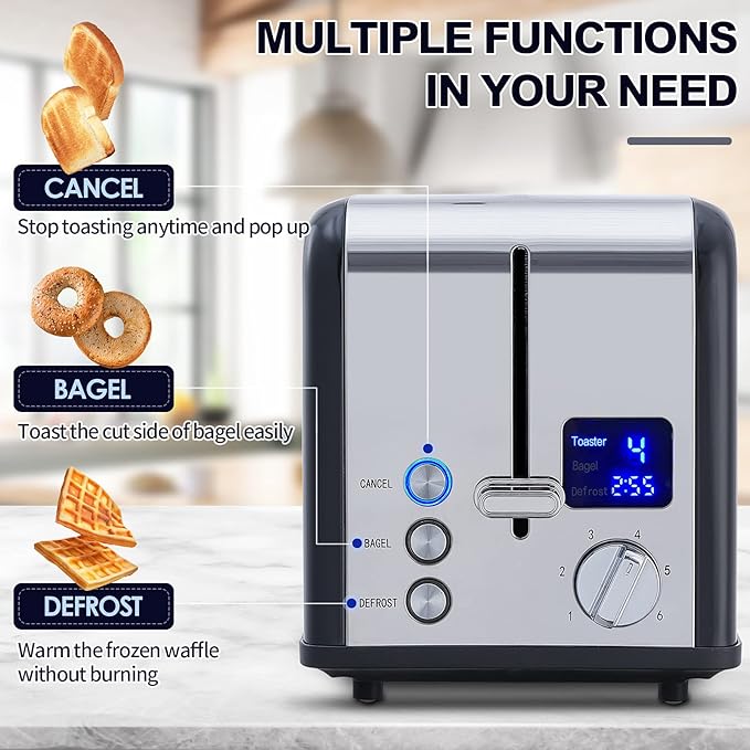 CUSIMAX 2 Slice Stainless Steel Toaster With Large LED Display, 1.5'' Extra-Wide Slots, 6 Browning Settings, Cancel/Bagel/Defrost Function, Removable Crumb Tray, Black