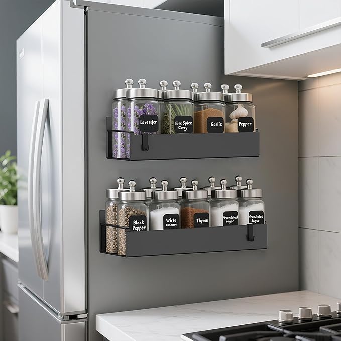 2 Pack Magnetic Spice Rack Organizer for Refrigerator and Oven, Movable Magnetic Hanging Kitchen Spice Rack with 2 Hooks, Black
