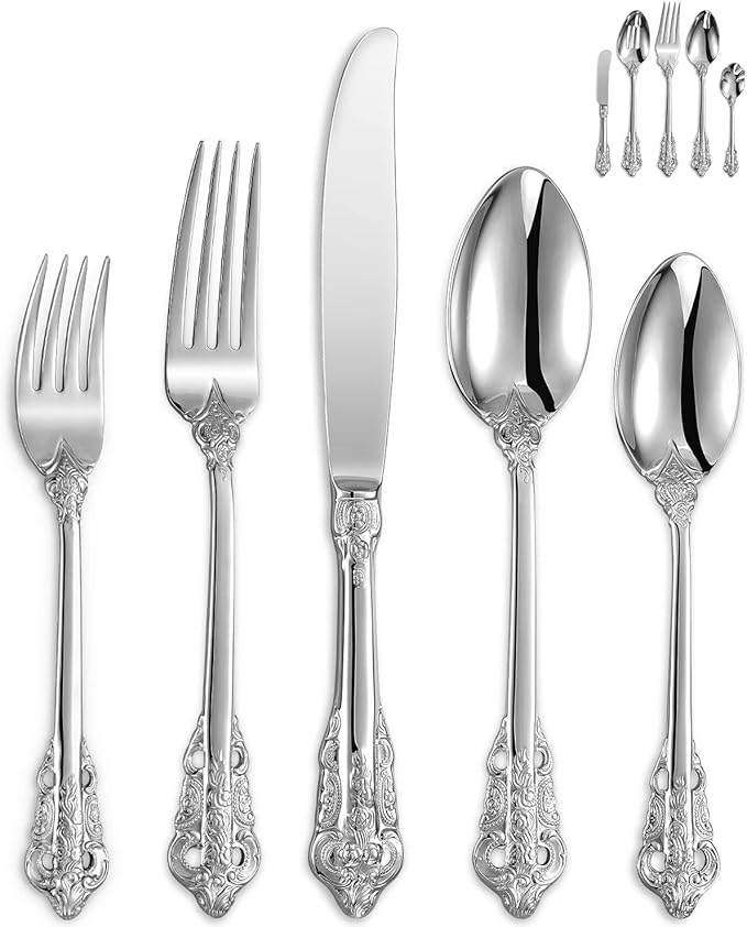 KEAWELL Luxury 45-Piece Silverware Set, 18/10 Stainless Steel, Service for 8, Mirror Finish, Antique Baroque Design, Dishwasher Safe (Silver)
