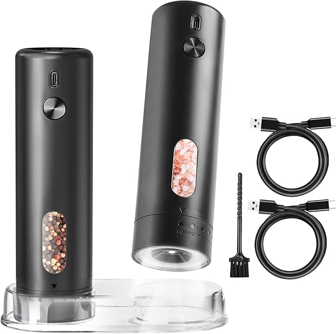 Electric Salt and Pepper Grinder Set – Rechargeable Automatic Mills with 6-Level Adjustable Coarseness, White LED Light, Large 110ml Capacity and Storage Base