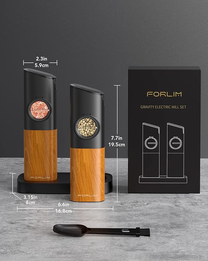 FORLIM Gravity Electric Salt and Pepper Grinder Set, Upgraded Large Capacity, USB Rechargeable Pepper grinder Automatic One Hand Operated, Adjustable Coarseness with LED Light(Natural Wood Grain)