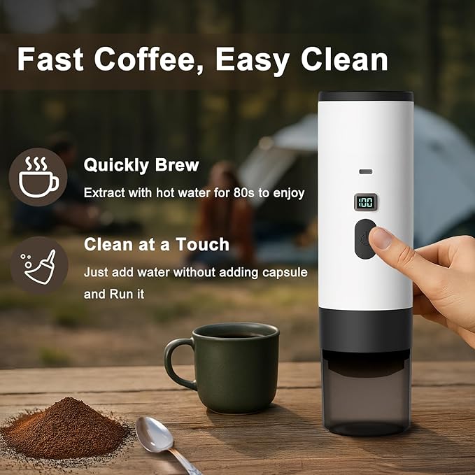 Portable Espresso Coffee Maker for Travel, Mini Camping Espresso Machine, Car Self-Heating Coffee Makers with USB-C, Compatible with Ground Coffee & NS Capsules for RV/Office/Hiking