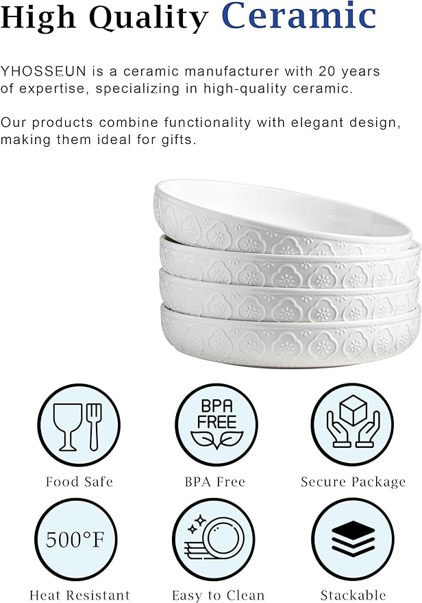 YHOSSEUN 9.75" Pasta Bowls Set of 4, 50 OZ Large Salad Serving Bowls, Ceramic Pasta Plate Bowls, White Soup Bowl, Microwavable Dinner Bowls for Kitchen, Embossed Sunflower