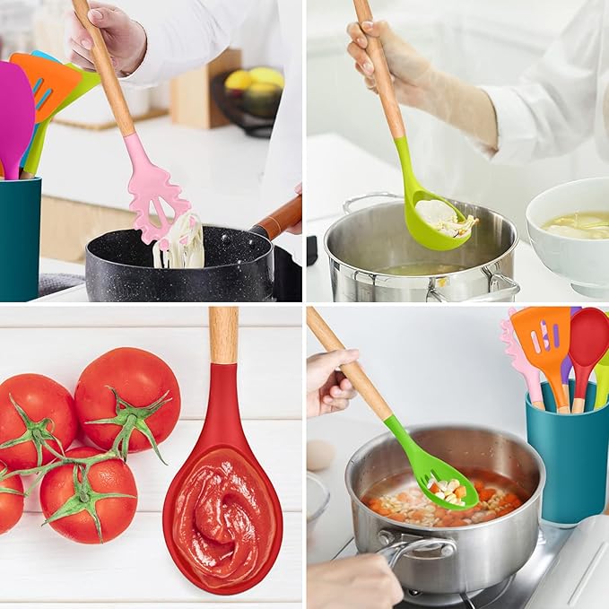 Kitchen Utensils Set of 12, E-far Silicone Cooking Utensils with Holder, Non-stick Cookware Friendly & Heat Resistant, Includes Spatula Tong Whisk Ladle Brush Slotted Turner Spoon(Multi-colored)