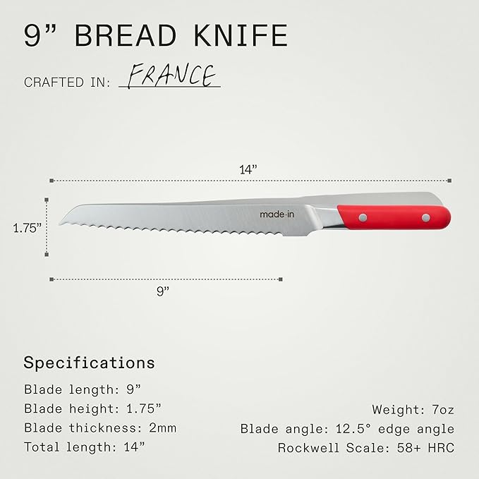 Made In Cookware - 9" Inch Bread Knife - Crafted in France - Full Tang With Pomme Red Handle