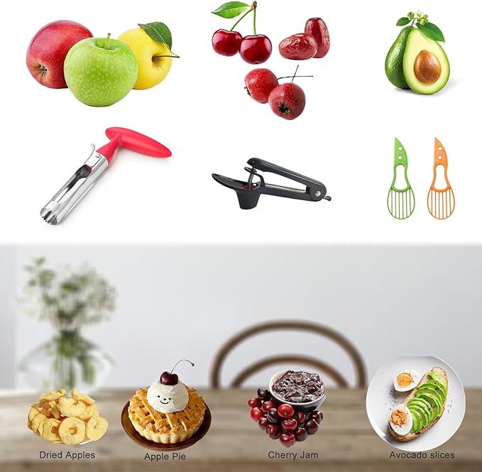 4pcs Fruit Prep Tool Set – Apple Corer & Cherry Pitter (Sturdy & Easy to Use) + Bonus Avocado Slicers – Great for Summer Fruit Season