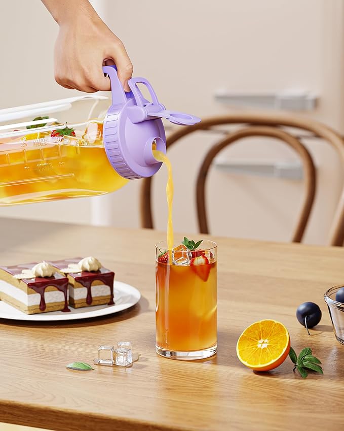 64oz Glass Mason Jar Pitcher with Lid Wide Mouth, 2 Quart Leakproof Glass Water Jug for Juice, Sun Iced Tea, Cold Brew Coffee, Milk Storage, Purple