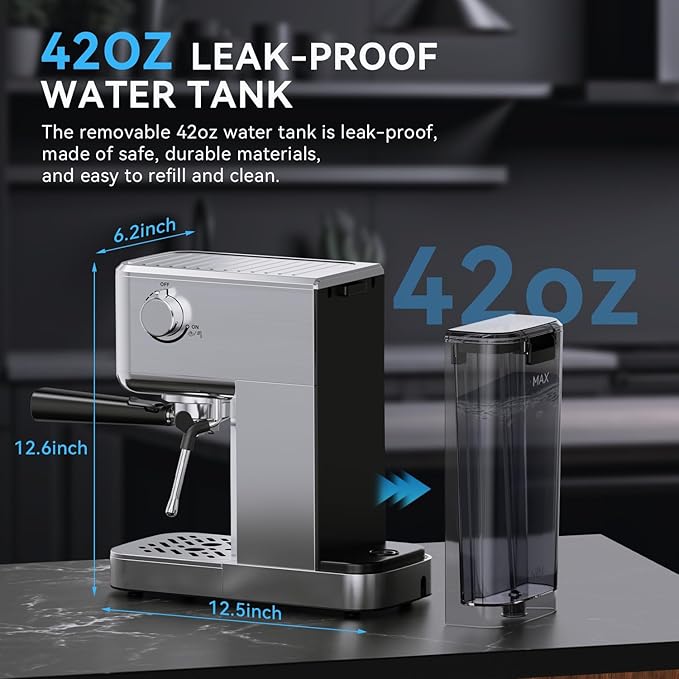 Espresso Machine 20 Bar, Compact Espresso Maker with Milk Frother, Stainless Steel Coffee Machine with 42 oz Water Tank for Cappuccino, Latte&Cold Brew, Home&Office, Silver