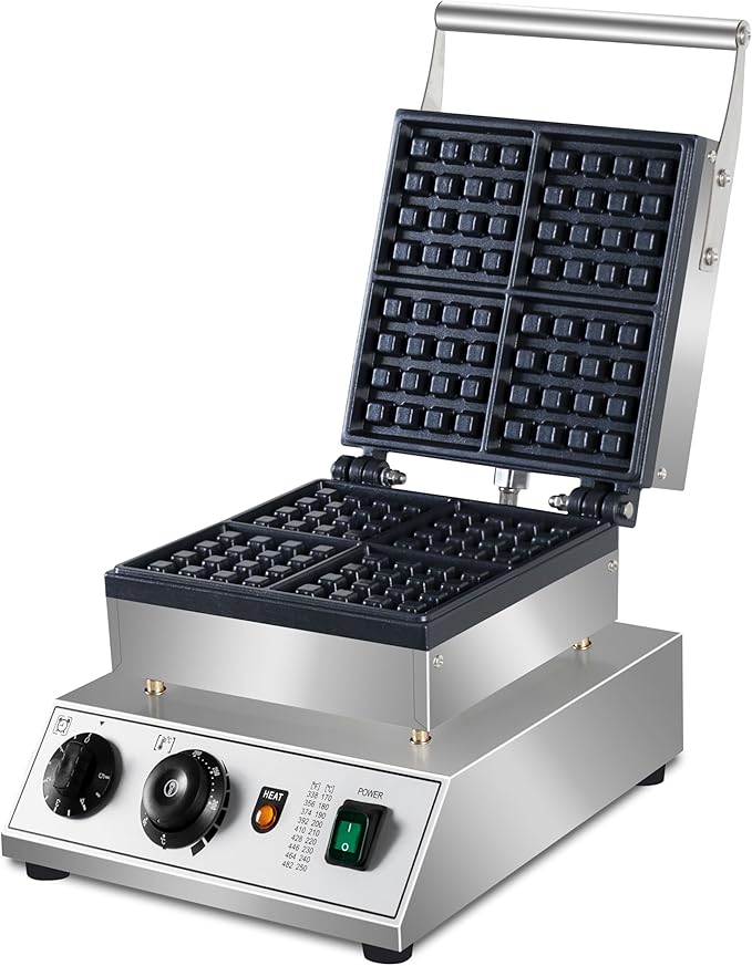 Commercial Waffle Maker, 1600W square Waffle Iron, Non-Stick Belgian Waffle Baker Machine With Temp Range and Time Control, Teflon-Coated Baking Pan Stainless Steel Body
