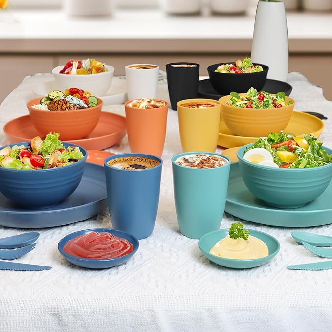 Wheat straw dinnerware set of 28 - Bowls and Plates Set for Dorm - Microwave and Dishwasher safe dish sets for kitchen,camping,indoors and out doors.Black