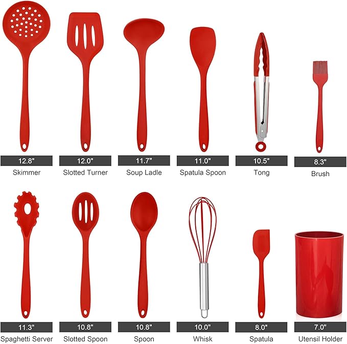 LIANYU 12-Piece Red Silicone Kitchen Cooking Utensils with Holder, Kitchen Tools Set Include Slotted Spatula Spoon Turner Ladle Tong Whisk, Dishwasher Safe