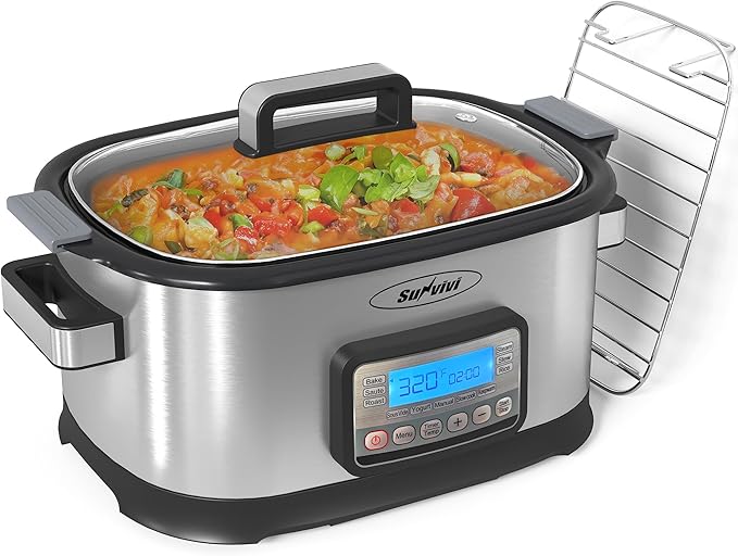 Sunvivi 6.5 Quart Slow Cooker Roaster Oven:11 in 1 programmable Multi-Cooker Food Warmer with Digital Timer, Temp Control, Removable Nonstick Cast Aluminum Pot & Dishwasher-Safe Tempered Glass Lid