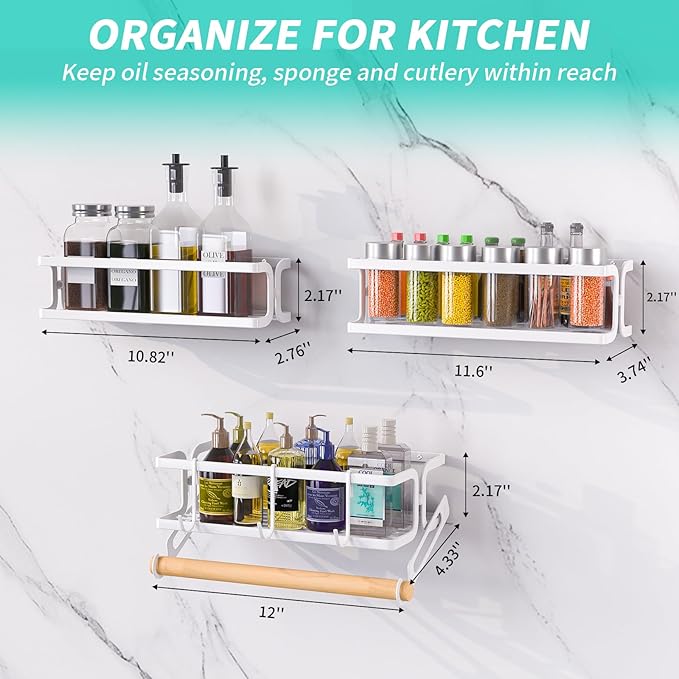 3 Pack White Spice Racks Wall Mount With Paper Towel Holder and Hooks for hanging,Space Saving Spice Rack Organizer for Spice Jars and Seasonings, Spice Organization for Cabinet, Pantry
