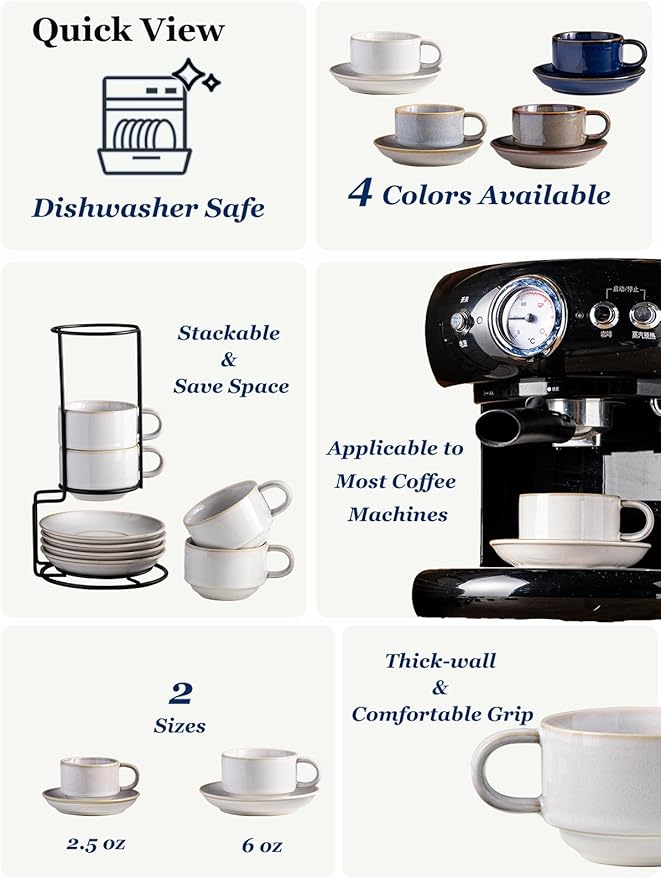 Gomakren 6 Ounce Cappuccino Cups with Saucers and Metal Stand, Stackable Coffee Cup Set of 4, Halloween Porcelain Espresso Cups for Coffee Drinks, Cappuccino, Latte, Americano, Tea, White