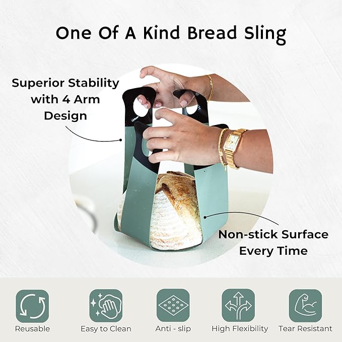 Sourdough Silicone Bread Sling for Dutch Oven - Food-Grade Non-Stick Dough Transfer Tool with 4 Arms, 9" Long, Center Markings - Sourdough Gifts for Bakers