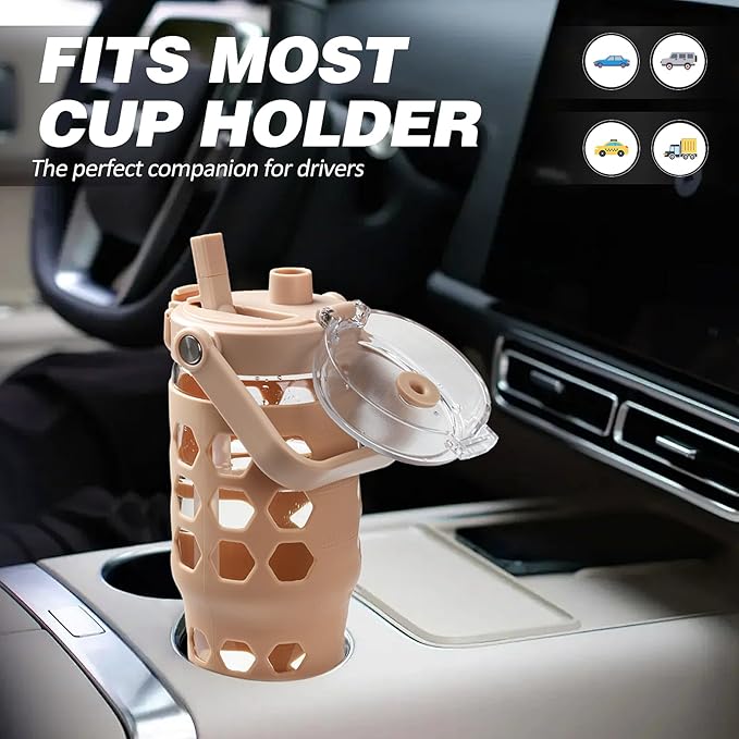 MUKOKO 32 oz Glass Tumbler with Straw,Glass Water Bottles with Time Marker,Iced Coffee Cup with Silicone Sleeve,Motivational Drinking Bottles,Leakproof-Amber