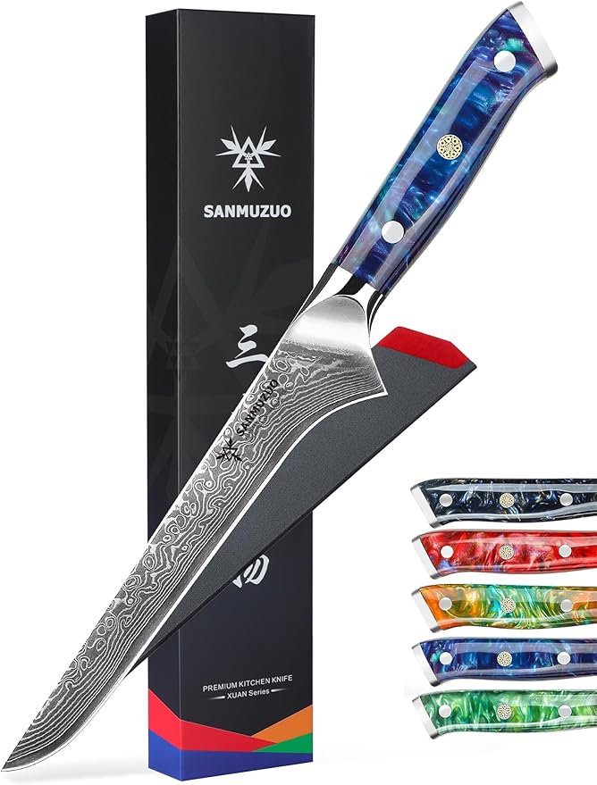 7 inch Fillet Knife, VG10 Damascus Steel Fish Boning Knife with Resin Handle - Xuan Series (Sapphire Blue)