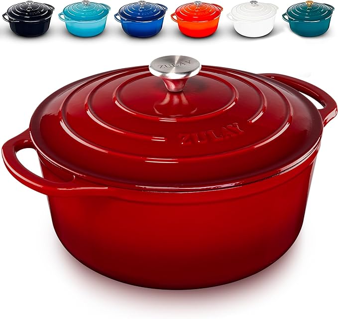 Zulay Kitchen 6 Quart Enameled Cast Iron Dutch Oven with Lid – Premium Durability & Oven Safe up to 500°F – Heavy Duty Cookware Perfect for Bread Baking, Stews, Braising & Roasting – Red