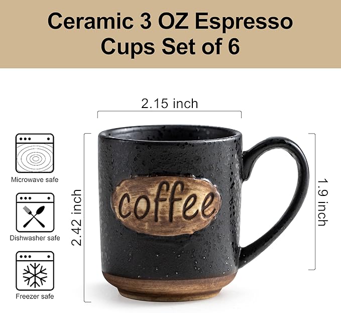 LYEOBOH Coffee Cups, Tea Cup, Espresso Cups, Coffee Mugs Set of 6, 3 oz Ceramic Espresso Cups, Cute Mini Demitasse Cups with Handle for Coffee Bar & Home Microwave & Dishwasher Safe, Black